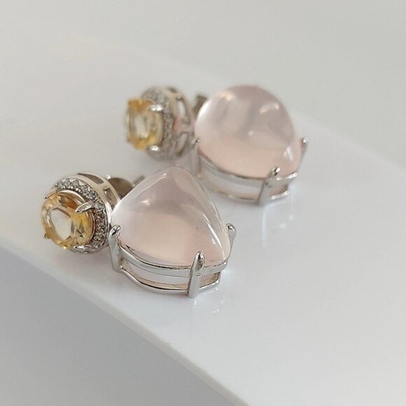 Natural Rose Quartz, Citrine & CZ‎ 925 Sterling Silver Earrings - Picture 5 of 12